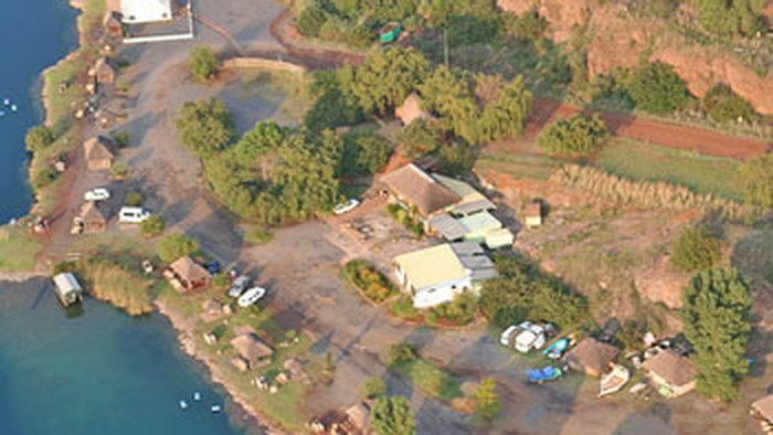 Aerial view of the Bass Lake dive site and shoreline facilities