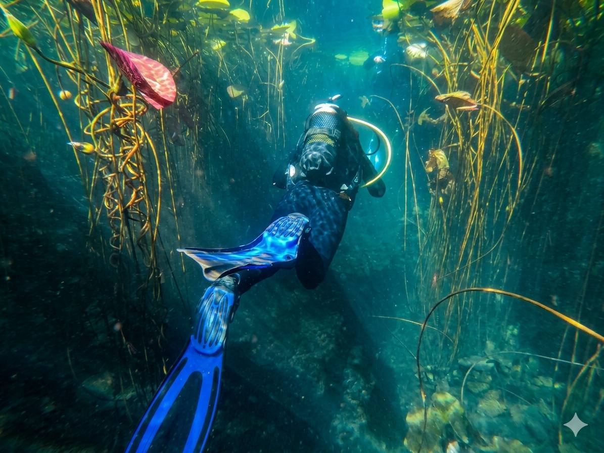 Water lily stems and pads seen from underwater at Marico Oog